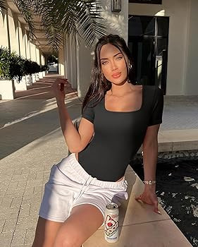 OQQ Women's 2 Piece Bodysuits Sexy Ribbed One Piece Square Neck Short Sleeve Bodysuits | Amazon (US)