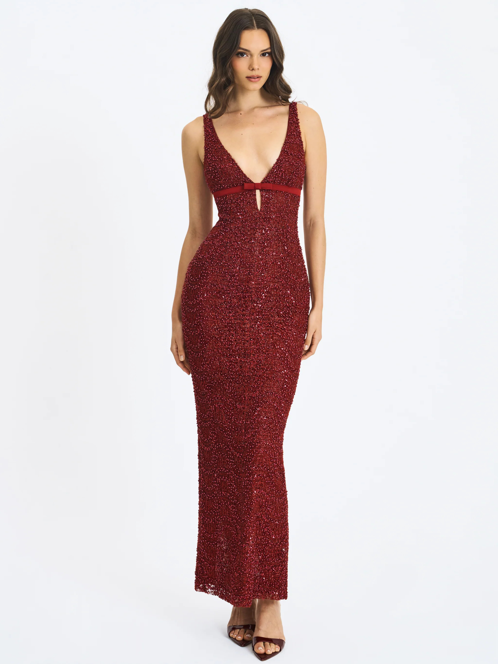Elora Crimson Sequin Beaded Keyhole Maxi Dress | Miss Circle