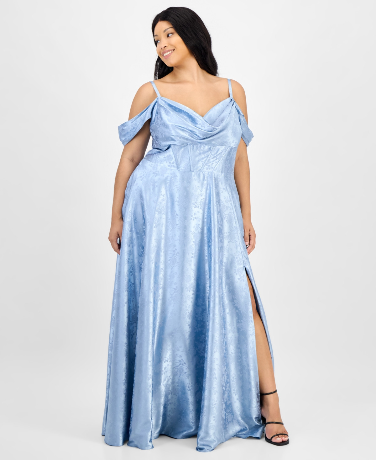 B Darlin Trendy Plus Size Off-The-Shoulder Satin Jacquard Gown - DUSTY BLUE | Macy's