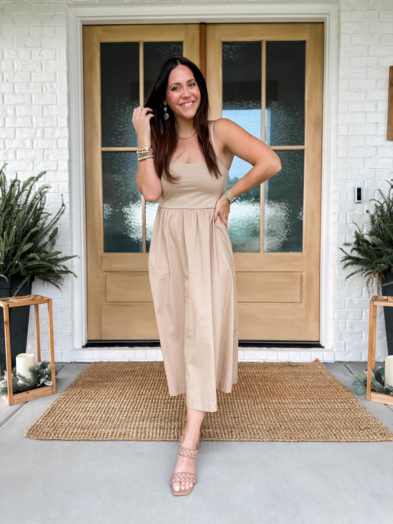 Wearing my true size medium in the dress. If between sizes I would go up  