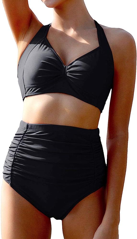 Women's Vintage Halter Bikini High Waisted Bikini Swimsuits Two Piece Bathing Suits Tummy Control | Amazon (US)