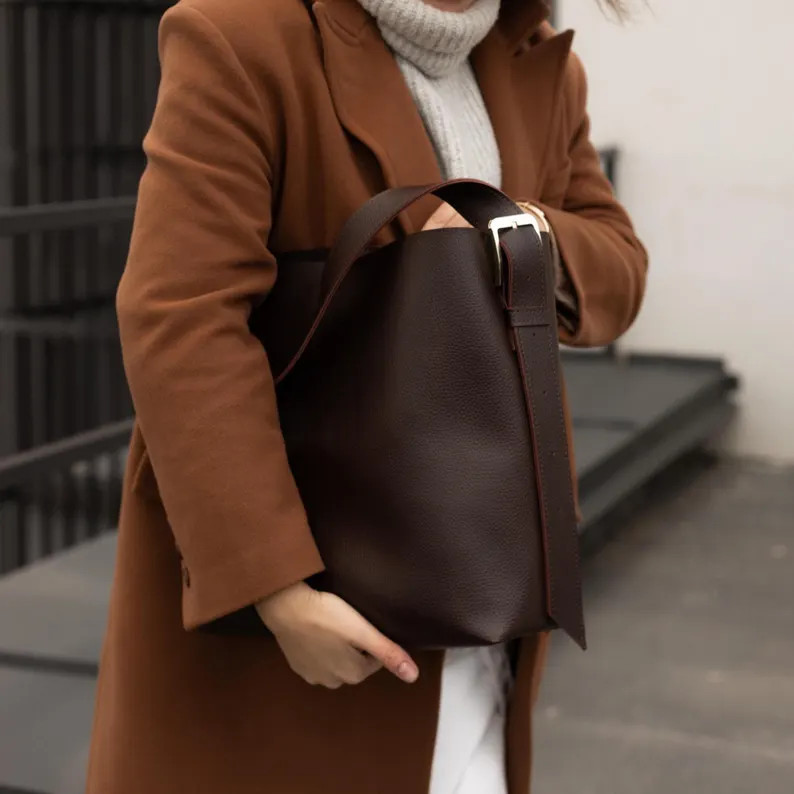 Chocolate Brown Vegan Leather Bag \u2013 Structured Shoulder Tote With Gold Buckle, Elegant Eco L... | Etsy (Global)
