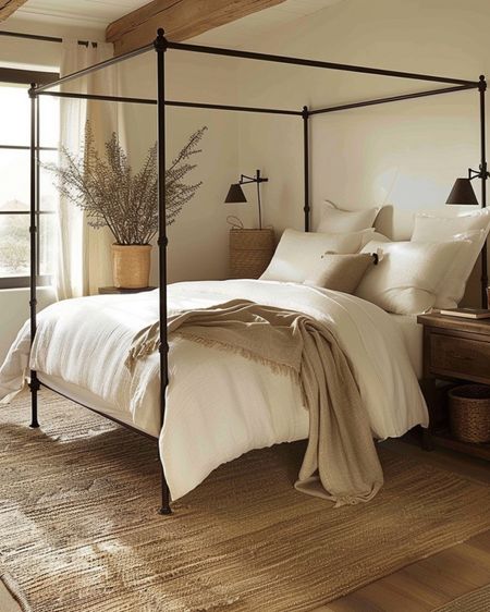 Iron canopy bed with natural elements & textures 