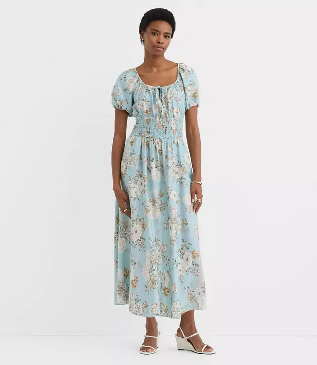 Floral Ruffle Tie Neck Smocked Midi Dress | LOFT