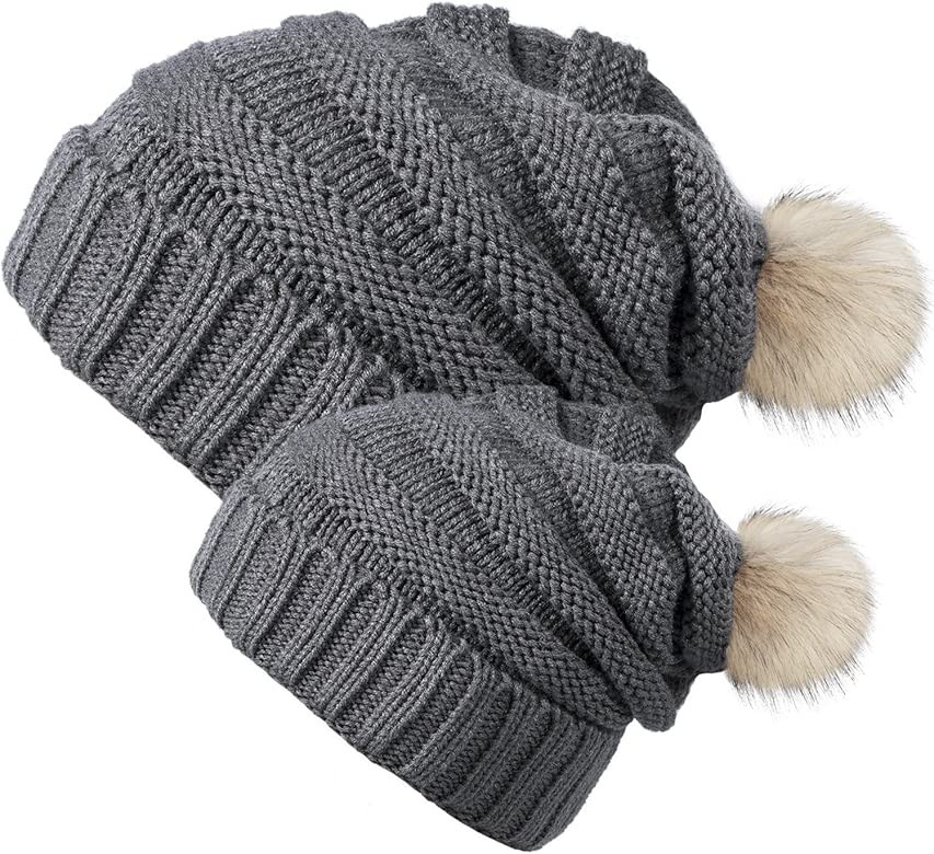 2 Pack Parent-Child Hat Winter Baggy Slouchy Beanie Hat Warm Knit Pom Pom Beanie for Women & Baby | Amazon (US)