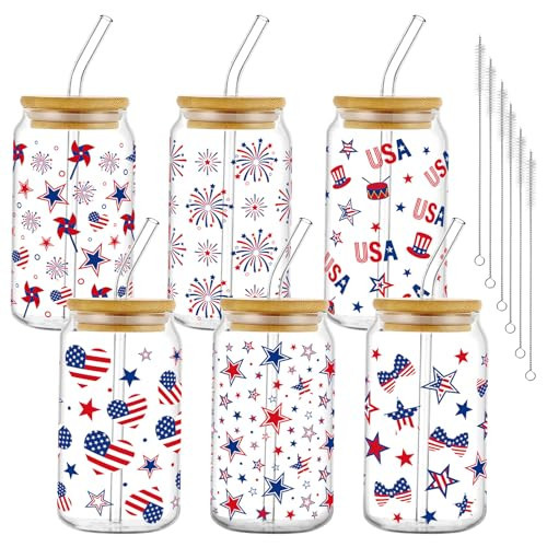 6 Pcs 4th of July Patriotic Glass Cups with Lids and Straws 16oz 4th of July Iced Coffee Cup Independence Day Party Decorations Gifts USA Stars Drinking Glasses Cups Independence Day Party Supplies | Amazon (US)