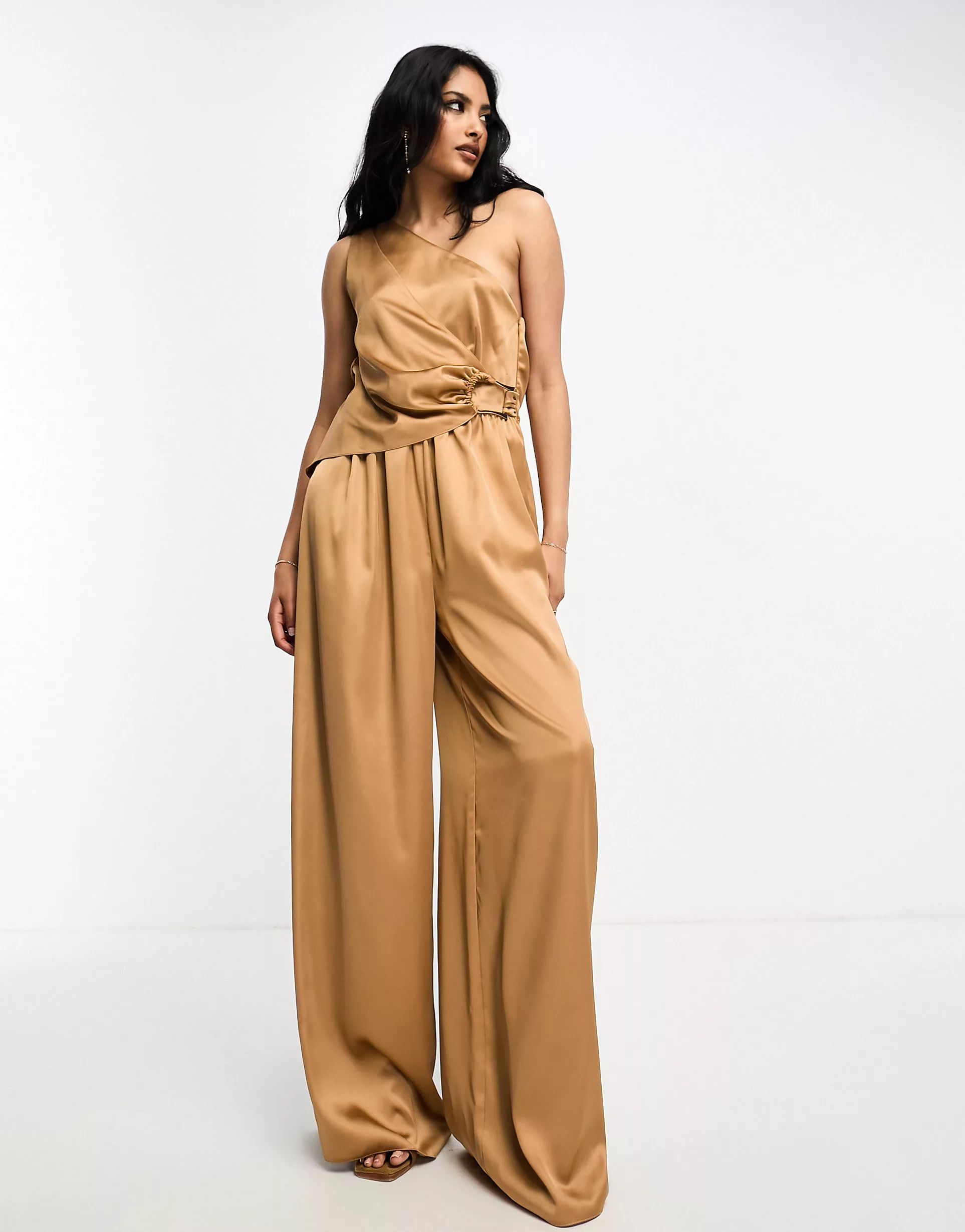 ASOS DESIGN satin drape jumpsuit with gold hardware in camel | ASOS (Global)