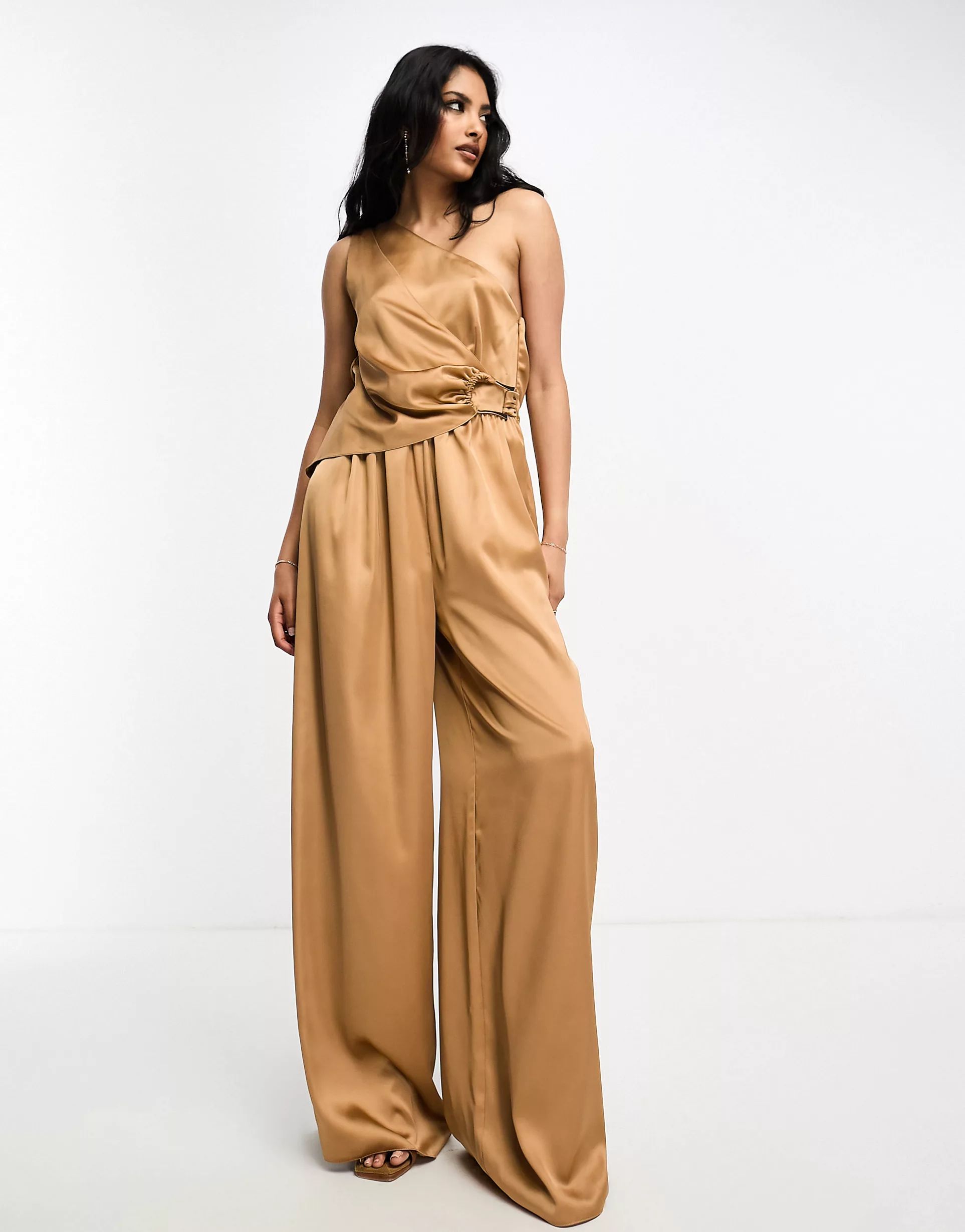 ASOS DESIGN satin drape jumpsuit with gold hardware in camel | ASOS (Global)
