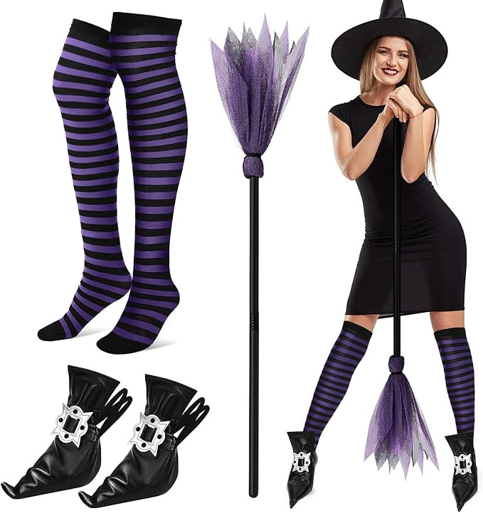 Vicenpal 3 Pcs Halloween Witch Accessories Black Witch Shoe Covers Socks Broomstick Witch Broom f... | Amazon (US)