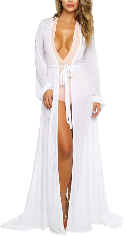 Women's Sexy Thin Mesh Long Sleeve Tie Front Swimsuit Swim Beach Maxi Cover Up Dress | Amazon (US)