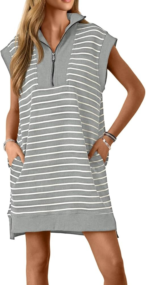 Wenrine Womens Striped Mini Dress Casual Zipper Cap Sleeve Collared V Neck Loose Knit Summer Dres... | Amazon (US)