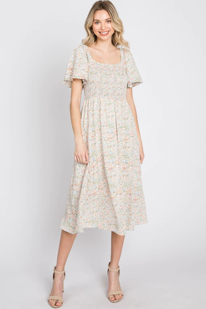 Cream Floral Smocked Square Neck Midi Dress | PinkBlush Maternity