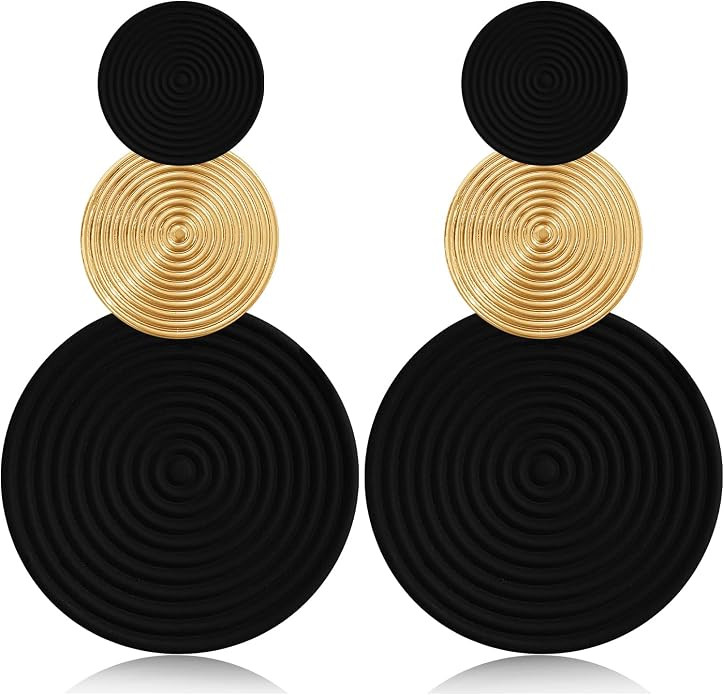Handmade Long Round Alloy Dangle Drop Earrings - Statement 60s 70s 80s Vintage Gold Disk Round Di... | Amazon (US)