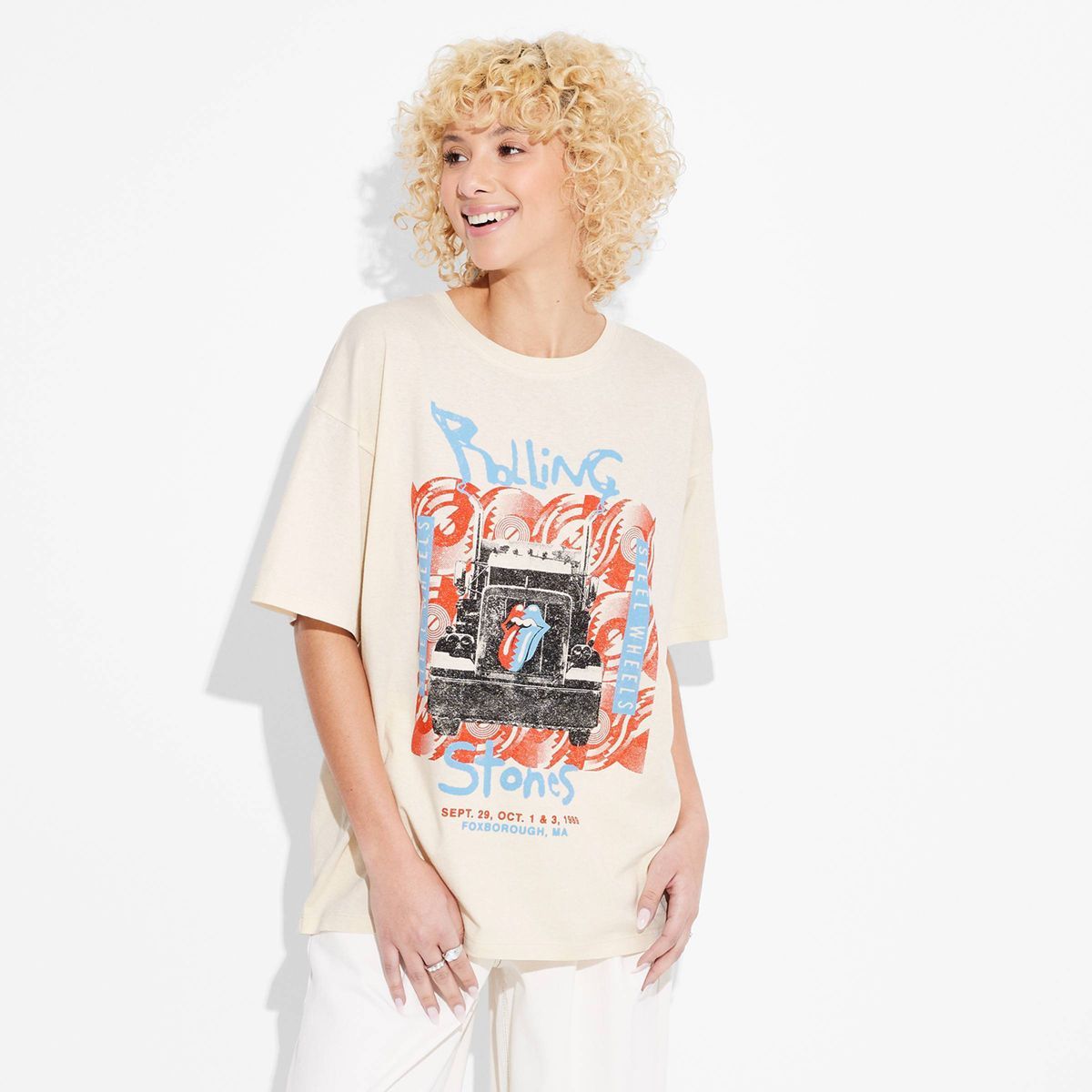 Women's Rolling Stones Americana Oversized Short Sleeve Graphic T-Shirt - Ivory | Target