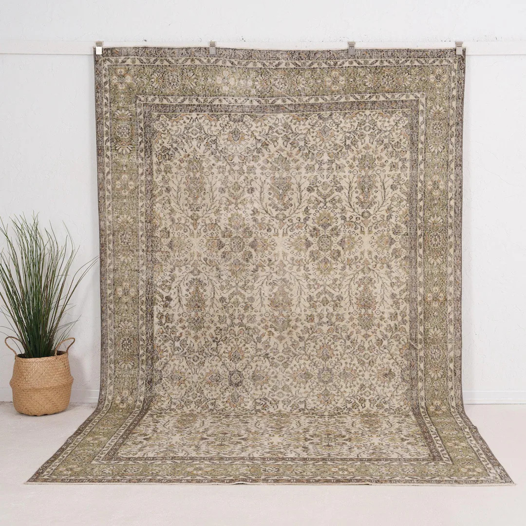 Vintage Turkish Rug 7x10, Handmade | Beige Wool Antique Oushak 1970s, Living Room Bedroom Rustic ... | Etsy (US)