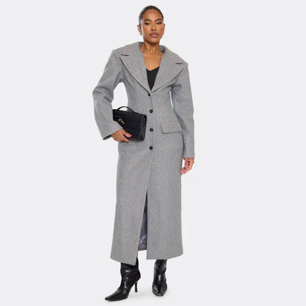Long Sleeve Cinched Waist Blazer Wool Look Maxi Coat In Grey | EGO (UK)