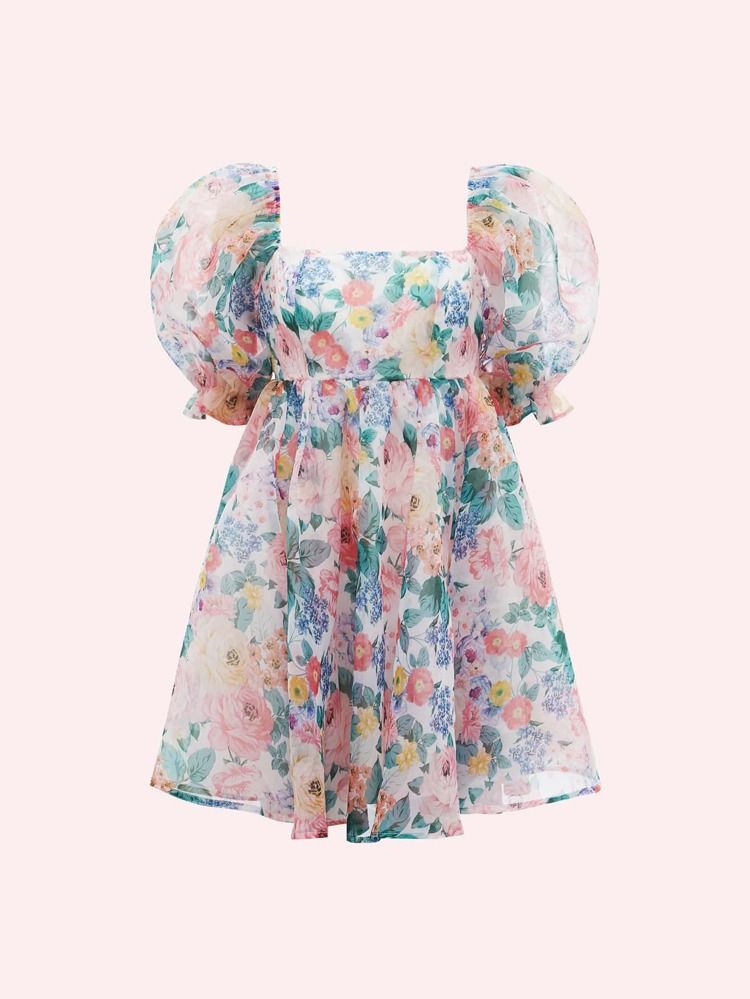 SHEIN MOD Floral Print Square Neck Puff Sleeve Organza Dress | SHEIN