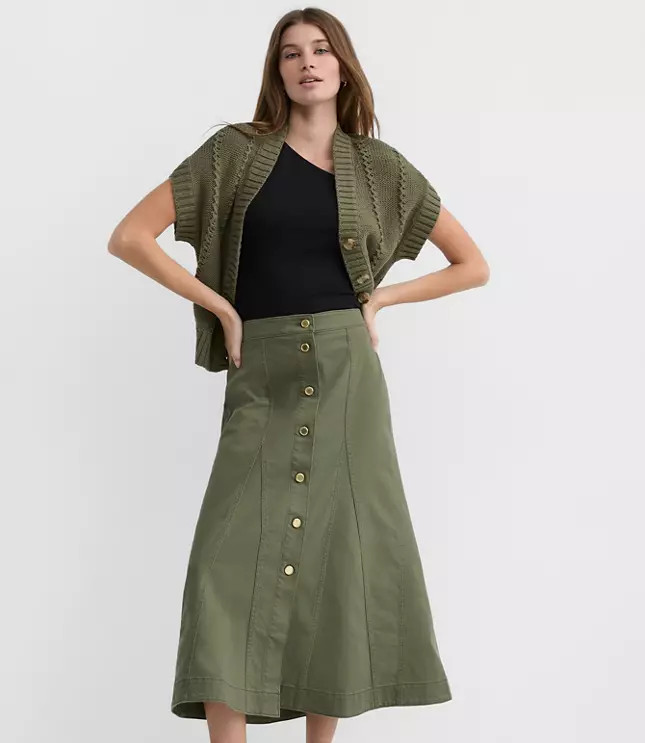 Twill Godet Button Midi Skirt | LOFT