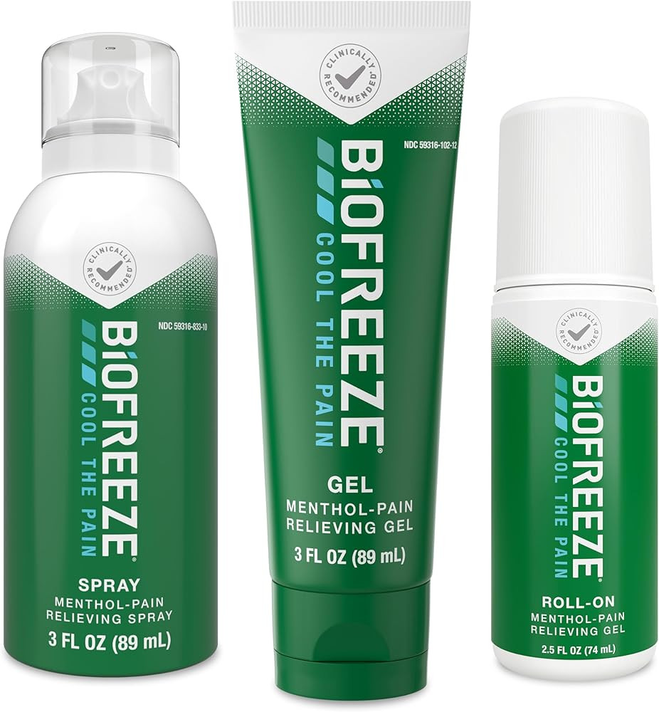 Biofreeze Pain Relief Roll-On 2.5 FL OZ, Gel 3 FL OZ, And Spray 3 FL OZ Variety Pack Topical Pain... | Amazon (US)