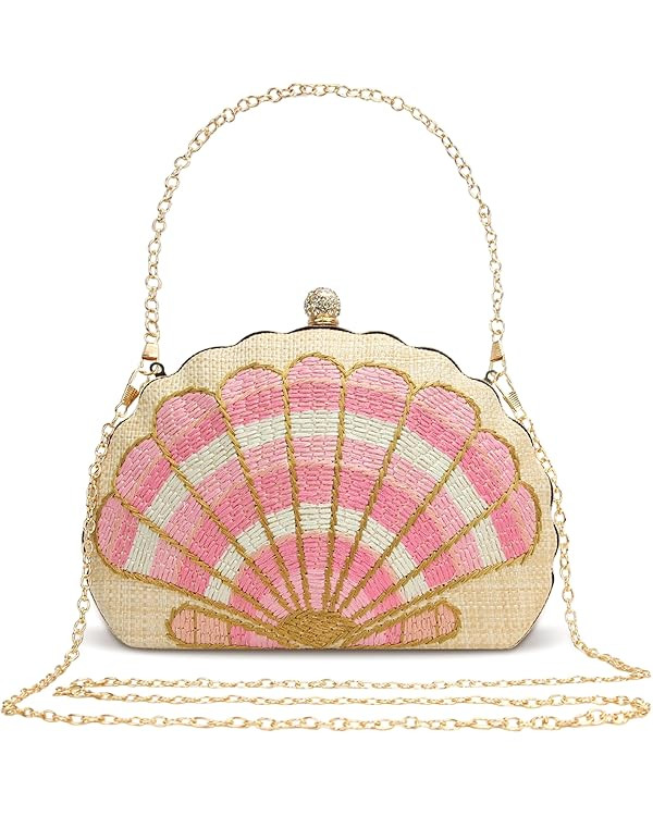 Women's Straw Woven Clutch Purse Embroider Shellsea Pattern Handbag | Amazon (US)