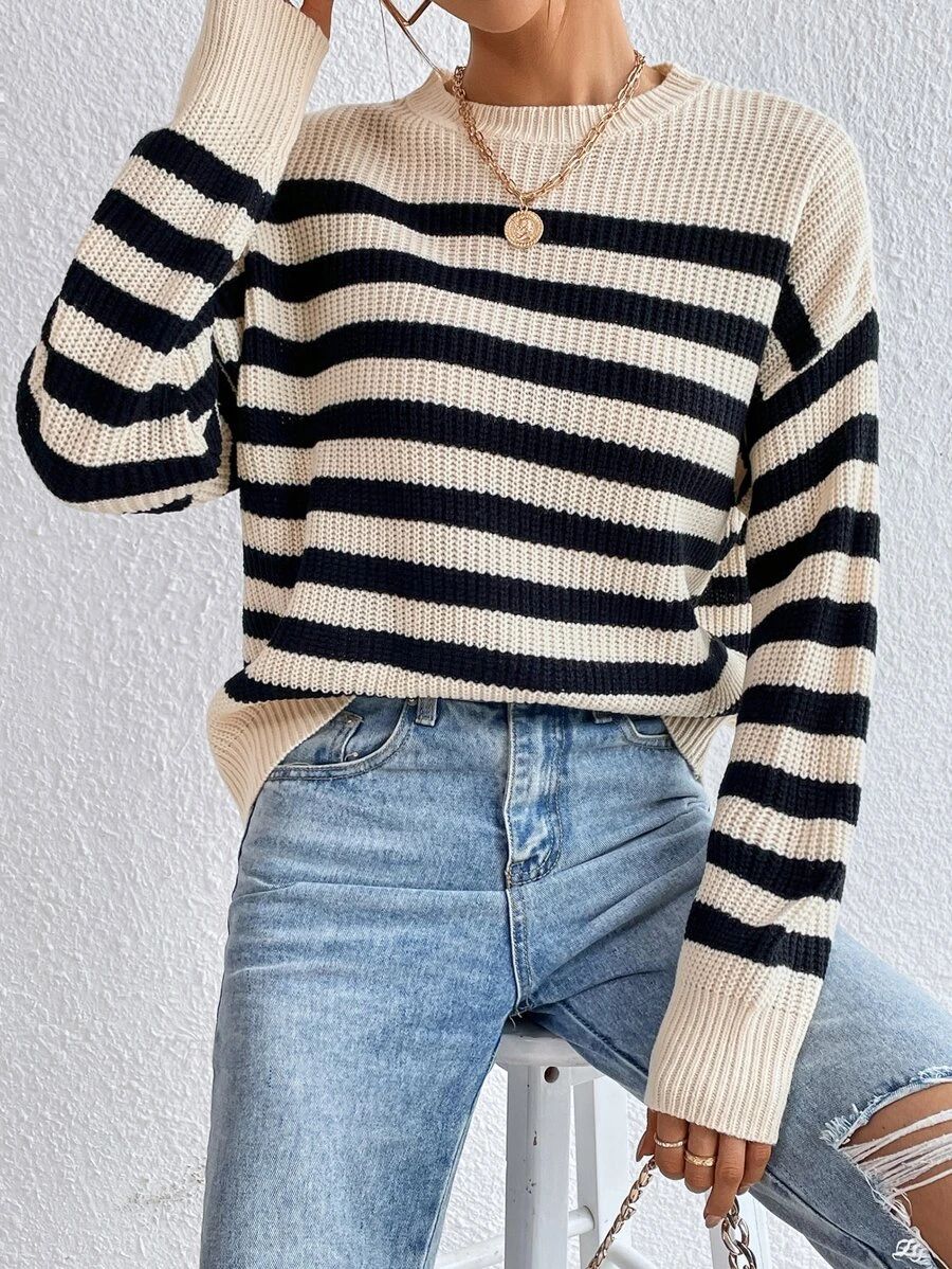 HomeWomen ClothingWomen KnitwearWomen SweatersStripe Pattern Drop Shoulder Sweater | SHEIN