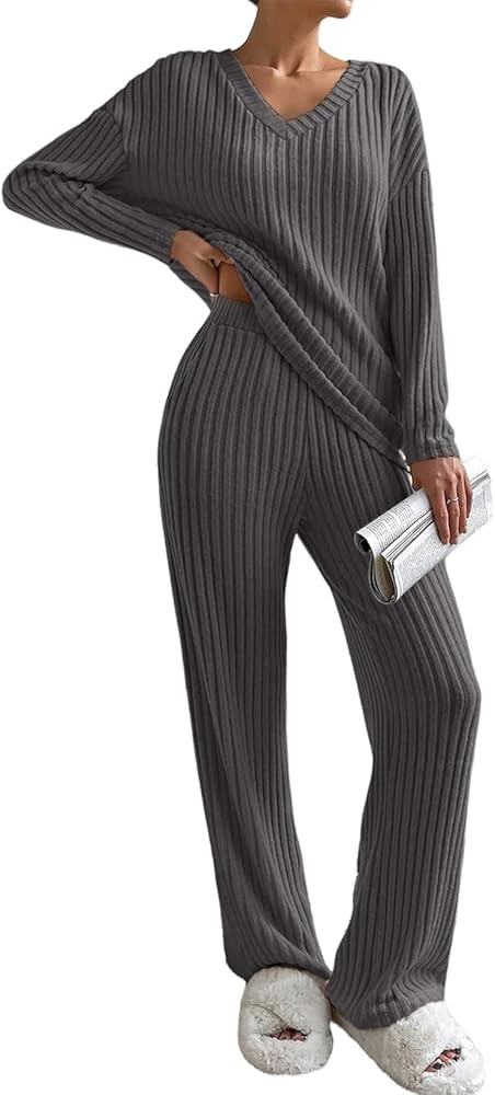 SHEWIN Women's Pajama Sets Long Sleeve 2 Piece Lounge Sets Ribbed Knit Sweater Sleepwear | Amazon (US)