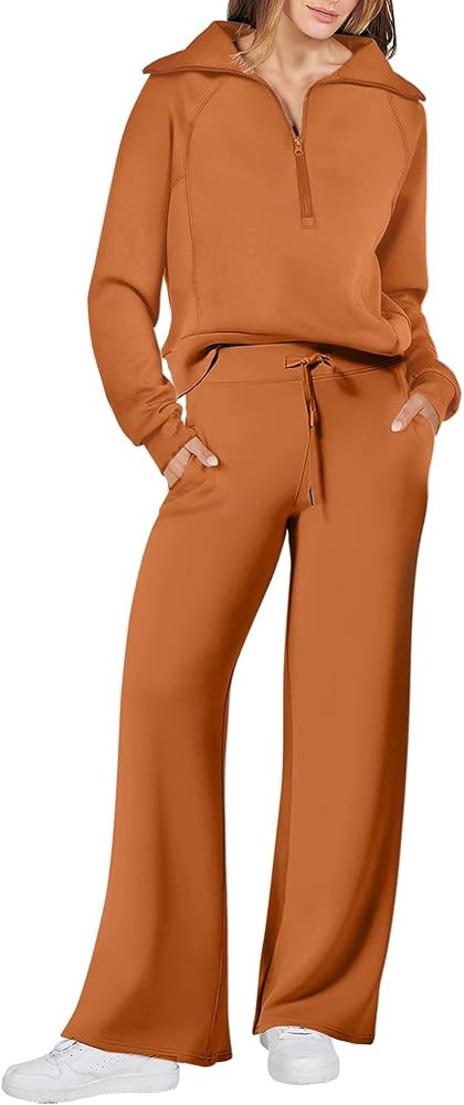 ANRABESS Women 2 Piece Outfits 2025 Fall Fashion Airport Wide Leg Pants Lounge Set Leisure Travel... | Amazon (US)