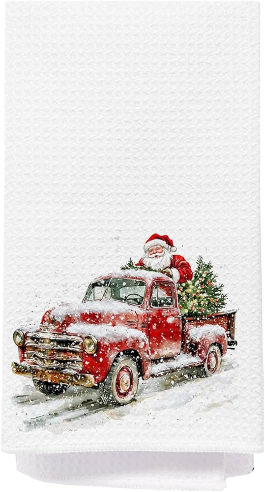 Christmas Santa Kitchen Towels, Red Christmas Tree Pickup Truck Dish Tea Towels, Xmas Winter Holi... | Amazon (US)
