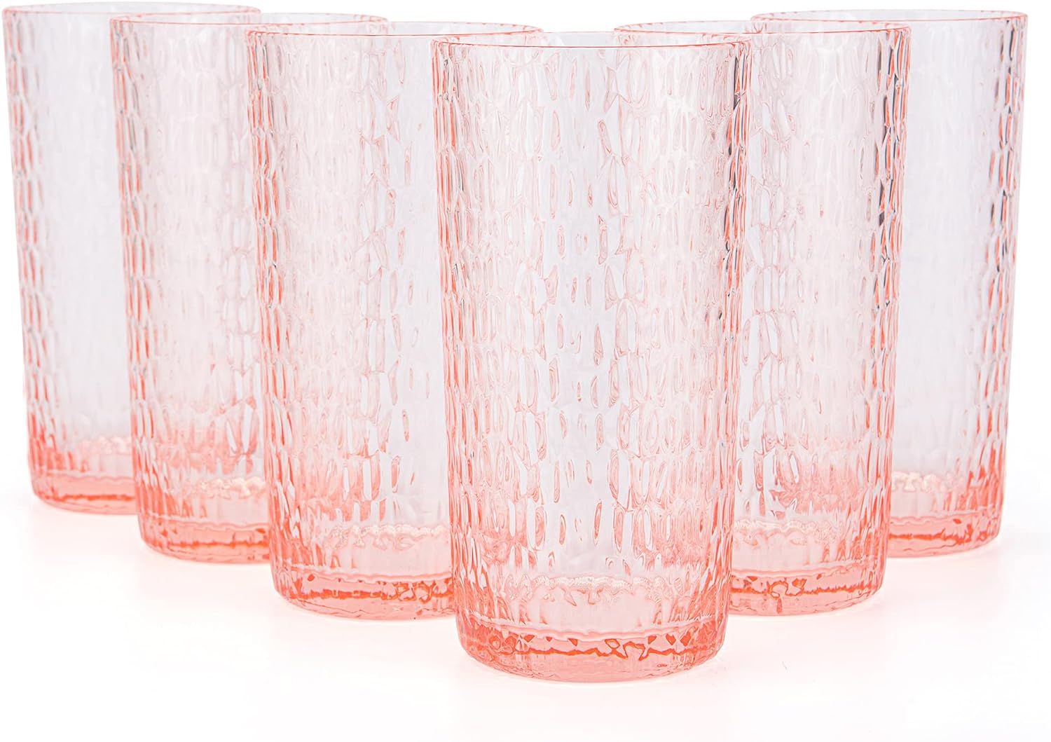 KX-WARE 22-ounce Honeycomb Highball Glasses Plastic Tumbler Acrylic Glasses, set of 6 Coral Pink | Amazon (US)