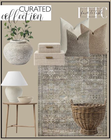 Curated Collection. Follow @farmtotablecreations on Instagram for more inspiration.

Loloi LAYLA Collection, LAY-13, Antique / Moss, 7'-6" x 9'-6", .13" Thick, Area Rug, Soft, Durable, Vintage Inspired, Distressed, Low Pile, Non-Shedding, Easy Clean, Printed, Living Room Rug. 6FT Tall Artificial Olive Tree, Potted Artificial Plants with Fruits and Wood Branches, Realistic Indoor Outdoor Potted Plants for Home Decor Housewarming Gift. Studio 55D McGinn 9" Wide Rough Antique Black Decorative Vase. Serene Pillow Cover Set. McGee & Co. Luna Distressed Vase. Faux Gardenia Leaf Stem. Eight Homes Book. Twain Hand-Woven Rattan Basket. Allerton Plaid Throw. Tavin Side Table. Malibu Bowl. Abbott Ceramic Table Lamp. 
Natural Fabric Boxes. 

Hackner Home Pillow Covers. SAVE 15% with Code NEW2024

#LTKfindsunder50 #LTKhome #LTKstyletip
