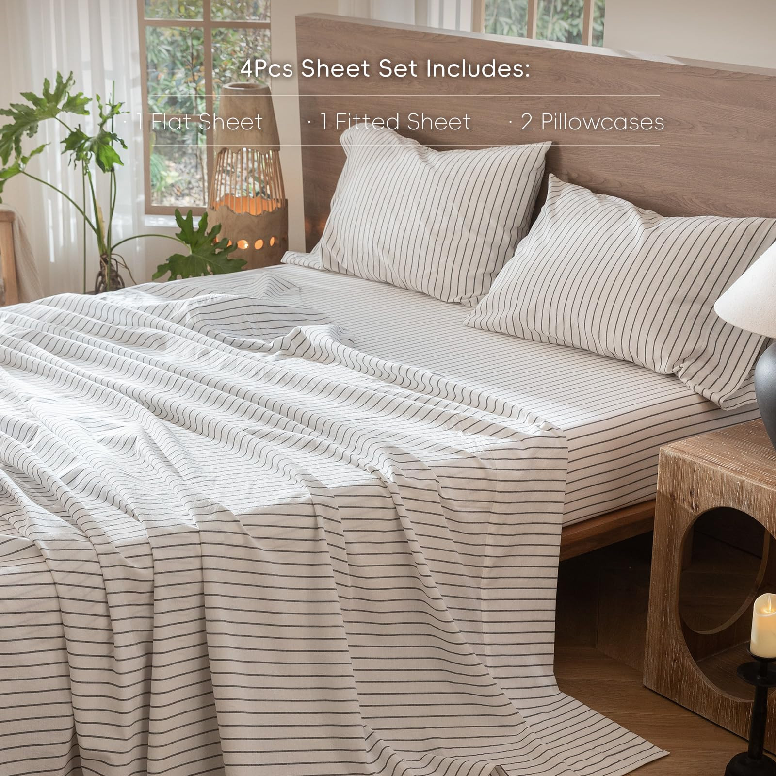 MooMee Striped Sheet Set 100% Washed Cotton Linen Like Textured Breathable Durable Soft Comfy (Wh... | Amazon (US)