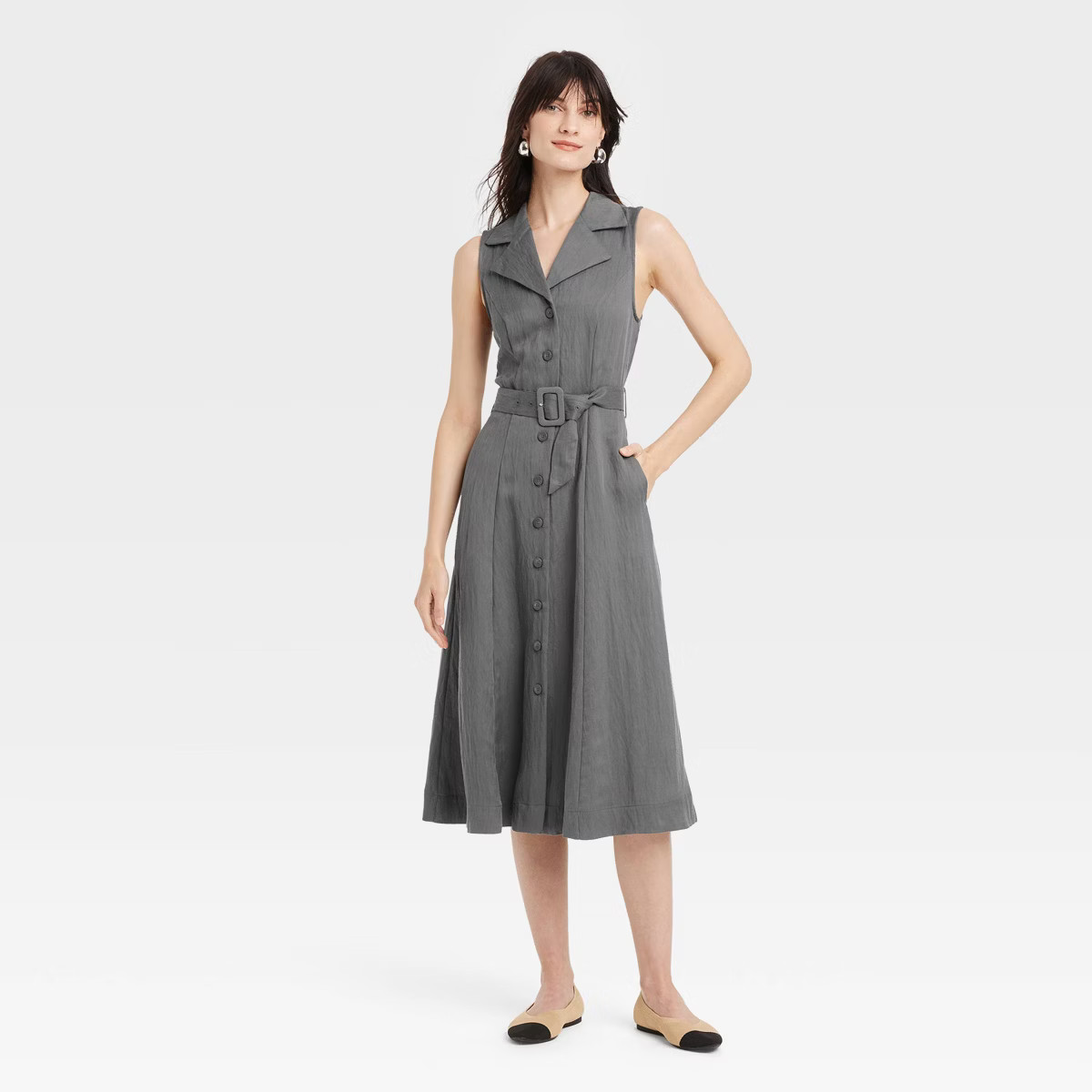 Women's Tie-Waist Midi Shirtdress - A New Day™ Gray M | Target