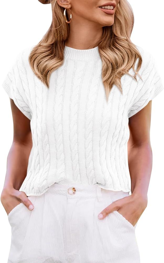 Saodimallsu Womens Summer Crewneck Crop Tops Casual Loose Fit Cable Knit Pullover Sweater | Amazon (US)