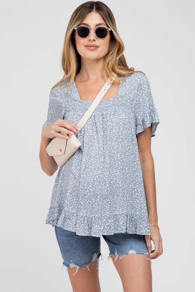 Blue Floral Square Neck Ruffle Hem Maternity Top | PinkBlush Maternity