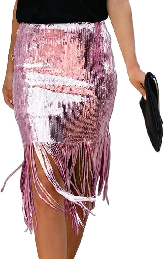 xxxiticat Women's Elegant Slim Fit Patchwork Solid Skirt Office Ladies High Waisted Tassel Sequin... | Amazon (US)