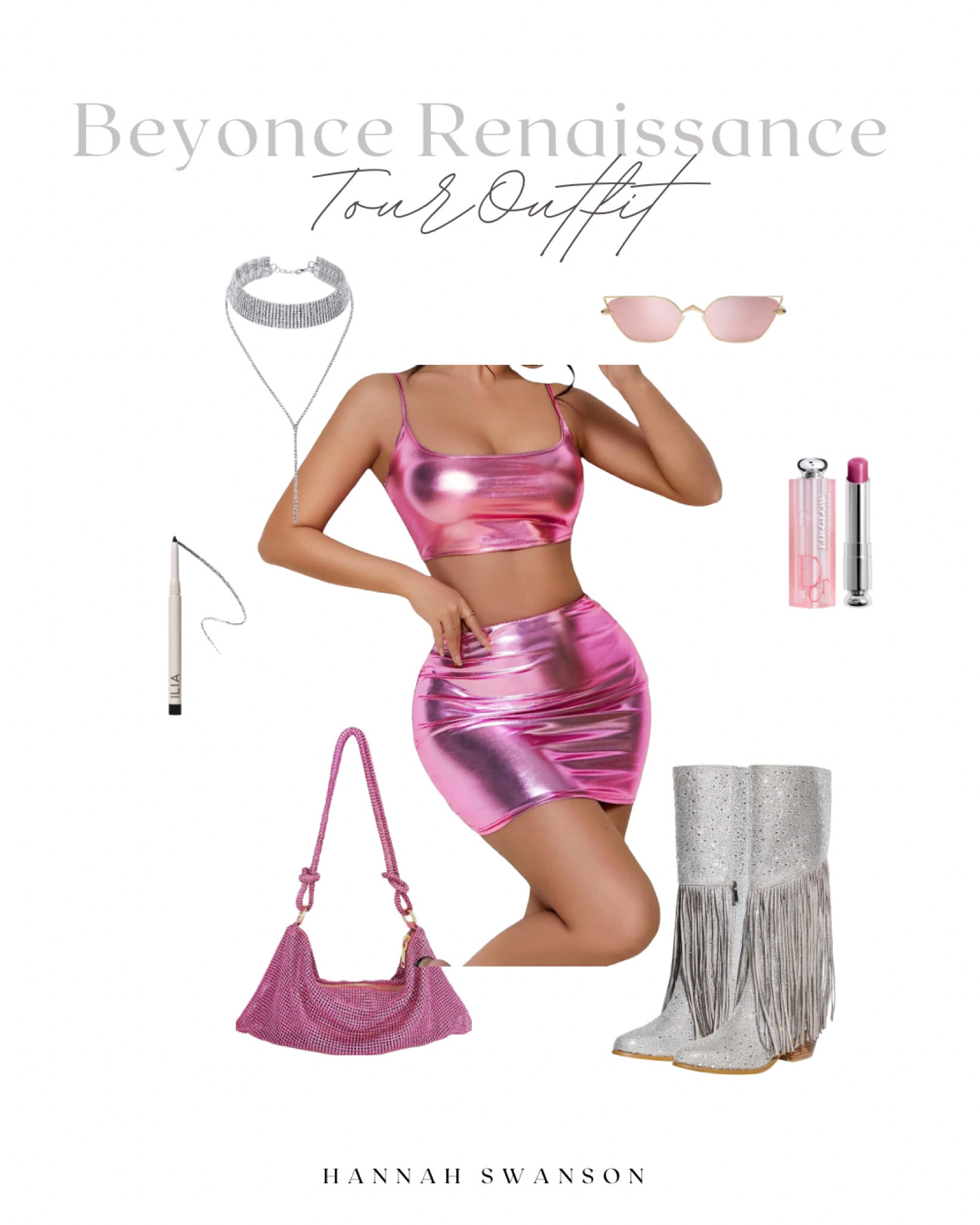 Concert outfit. Y2K outfit. Beyonce Renaissance Tour Outfit. Pink outfit. Metallic. Silver cowboy boots. Fringe. Dior lipstick. Eyeliner. Clean beauty. Choker chain necklace. Pink sunglasses. Sequins purse. Pink purse.

#LTKFind #LTKunder100 #LTKstyletip