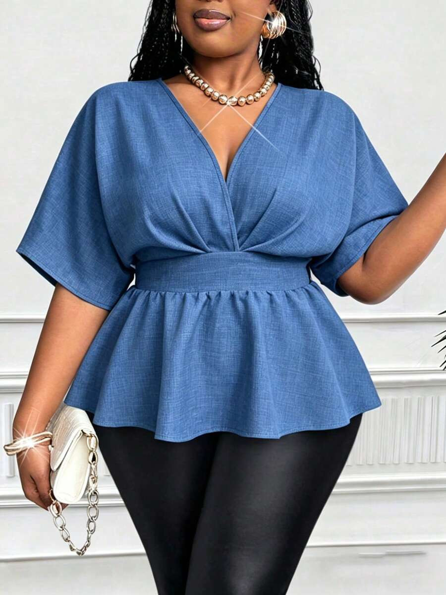 Maweii Plus Size Women's Casual Solid Shirred Raglan Sleeve Back Pleated Shirt, Spring/Summer New... | SHEIN