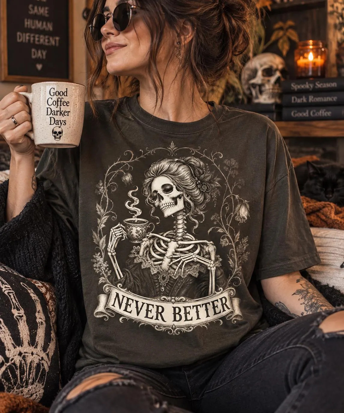 Never Better skeleton coffee shirt, gothic graphic tee, vintage macabre art | Etsy (Global)