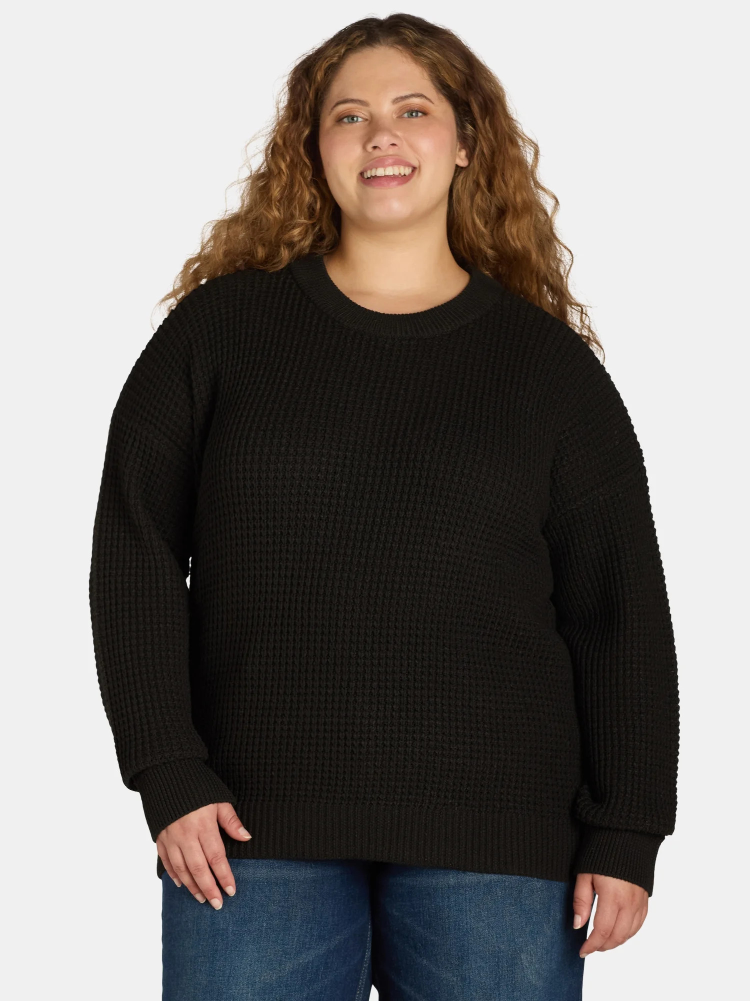 Time and Tru Women's and Women's Plus Waffle Stitch Sweater with Long Sleeves, Midweight, Sizes X... | Walmart (US)