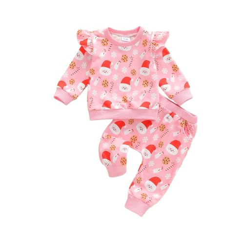 BemeyourBBs Fall Winter Toddler Baby Girl Clothes Cute Print Ruffle Shirt Top Pants Set 2 Piece Newborn Infant Girl Outfit (Christmas Santa Milk and Cookies Pink, 6-12 Months) | Amazon (US)