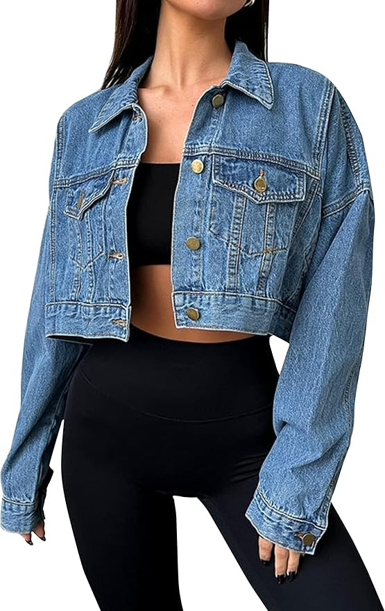 Women's Cropped Denim Jacket Button Down Long Sleeve Loose Oversized Jean Jacket Coats | Amazon (US)