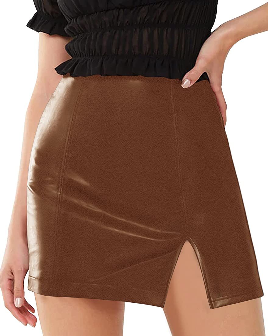 MANGOPOP Women's High Waist Bodycon Mini Short Faux Leather Skirt with Slit | Amazon (US)