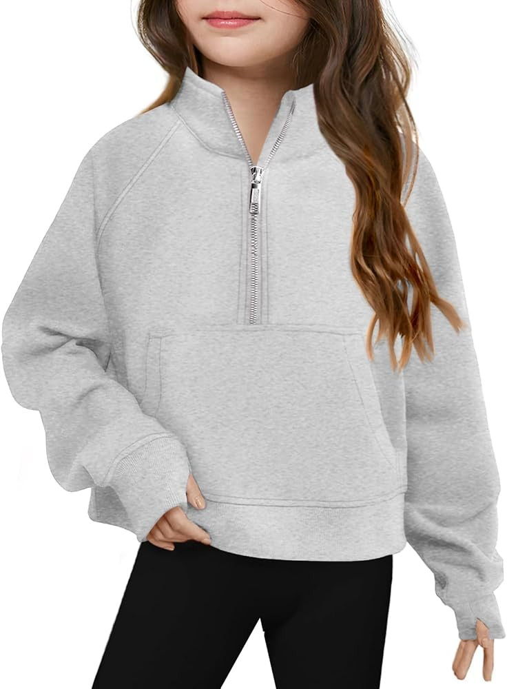 Haloumoning Girls Half Zip Sweatshirt Long Sleeve Pullover Crop Tops Kids Lightweight Fleece Fash... | Amazon (US)