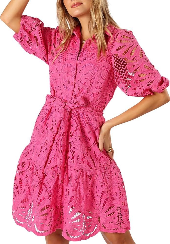 Women's Summer Hollow Out Lace Mini Dress Lantern Sleeve Lapel Button Ruffle Casual Beach Party D... | Amazon (US)