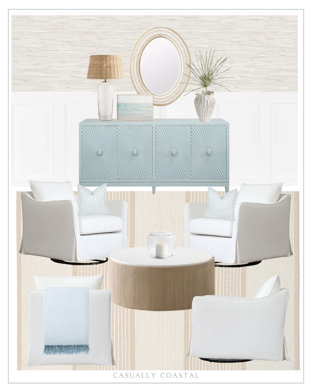 A chic but cozy coastal sitting room!
---
 Coastal home decor, coastal decor, coastal coffee table, coastal chair, coastal mirror, coastal lamp, slipcover swivel armchair, white armchairs, white accent chairs, wayfair chairs, coastal rug, neutral rug, 9x12 rugs, 8x10 rugs, light blue sideboard, coastal sideboard, coastal console table, coastal wallpaper, cream vinyl peel and stick wallpaper, marble and pine wood coffee table, round coffee table, coastal mirror, serena & lily style, oval wall mirror, decorative throw blanket, handwoven cotton rug, striped rug, woven table lamp, clear glass lamps, Etsy wall art, siesta key beach print, beach artwork,, blue palm trees pillow cover, coastal pillow cover, coastal vase, white vases, dried palm, hurricane candle holder, coffee table decor, living room decor, sideboard decor, tall white pillar candles, wayfair rug, flatweave wool beige area rug, dried palm stems

#LTKHome #LTKSaleAlert