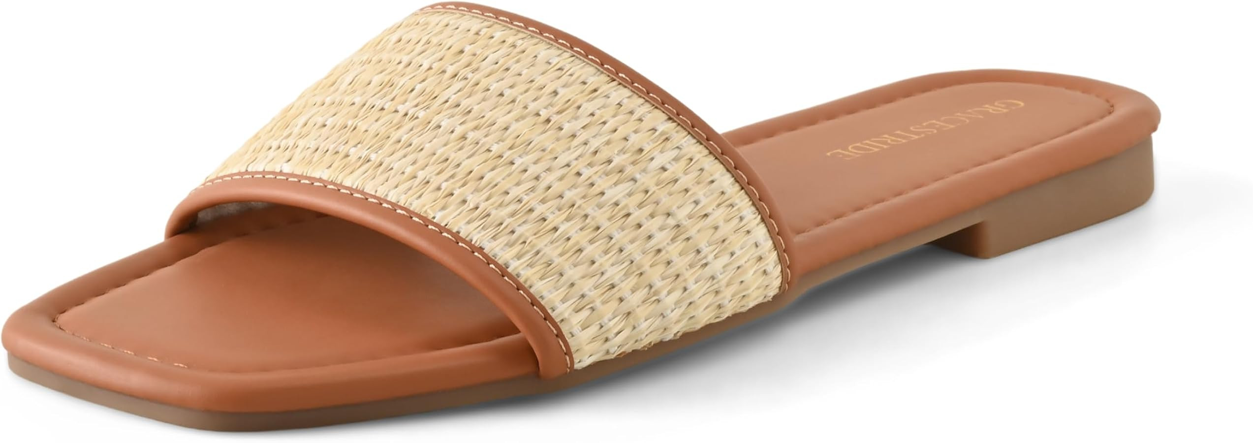 Women's Slides Flat Sandals Raffia Square Toe Comfortable Summer Beach Dressy Shoes | Amazon (US)