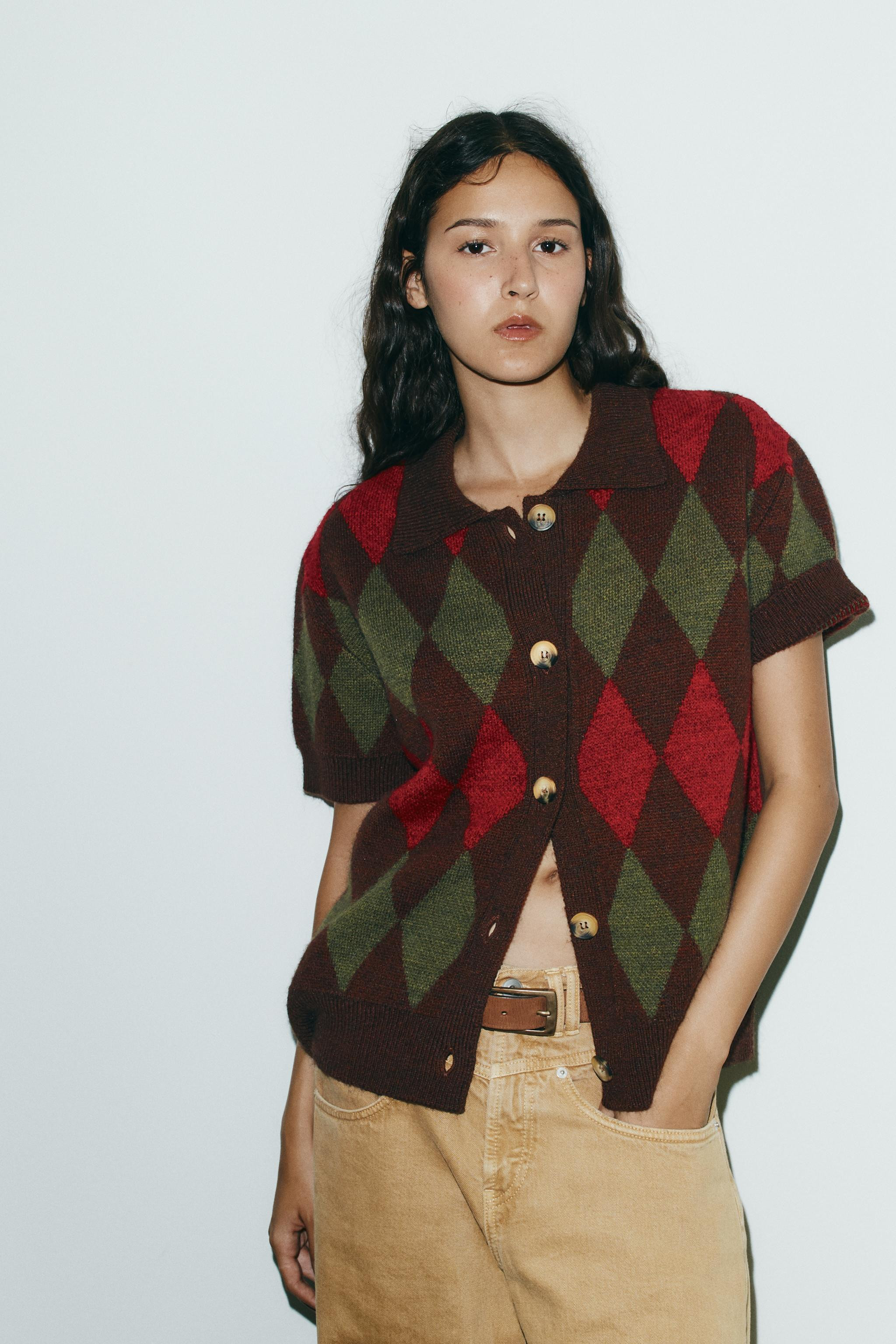 ARGYLE KNIT POLO CARDIGAN | Zara UK