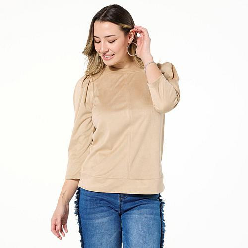 DG2 by Diane Gilman Faux Suede 3/4-Sleeve Top - Tan - Size 1X | HSN