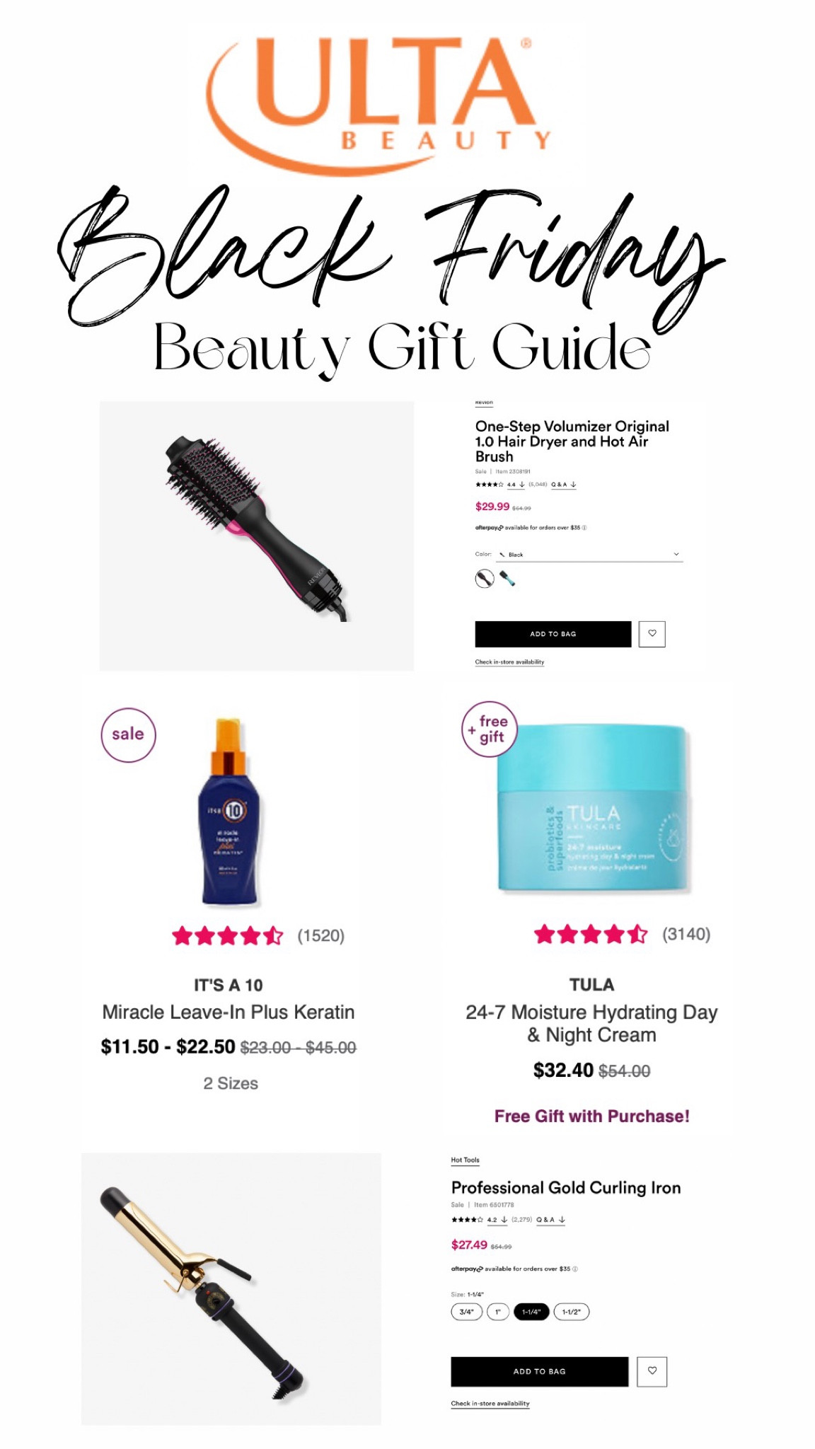 Ulta Beauty Black Friday Deals! Shop my beauty gift guide of all my favorite must haves! Revlon hair dryer hit brush, Tula skincare, It’s a 10, Hot tools! 💋🎅🏼

#LTKGiftGuide #LTKHoliday #LTKCyberweek