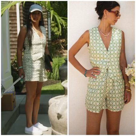 Danielle Olivera’s Green Printed Vest and Shorts Set (vest still in stock in blue below, dress version available in green)